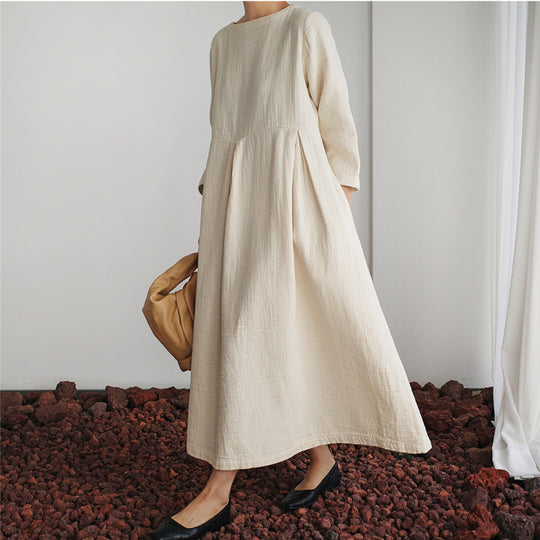 Damen Maxikleid aus Leinenmix mit geraffter Hüftpasse, seitlichen Eingrifftaschen und weitem Tellerrock Shop Nory