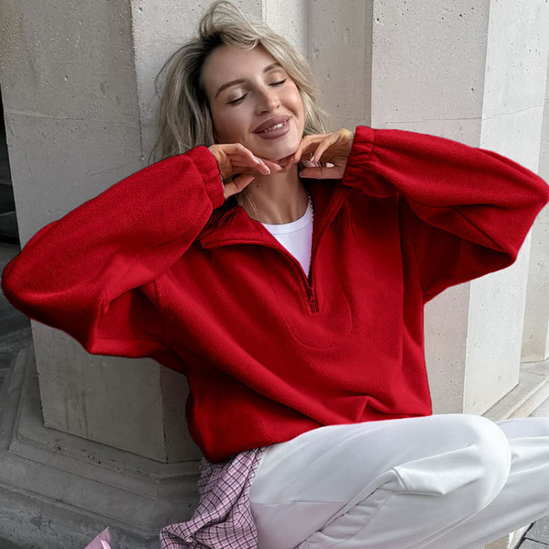 Damen Oversized Fleecepullover mit halbem Reißverschluss und Stehkragen Shop Nory