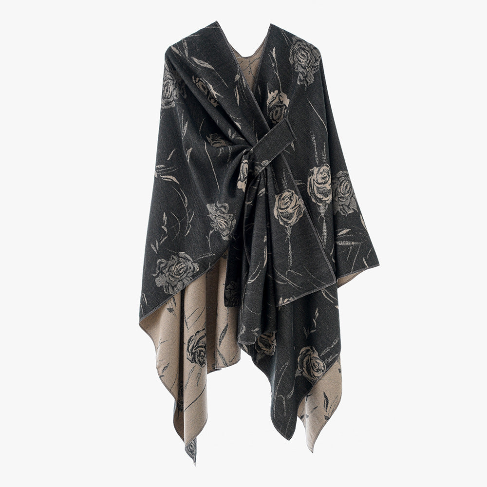 Damen Beidseitig tragbarer Jacquard-Überwurf mit Rosenmuster und Bindegürtel Shop Nory