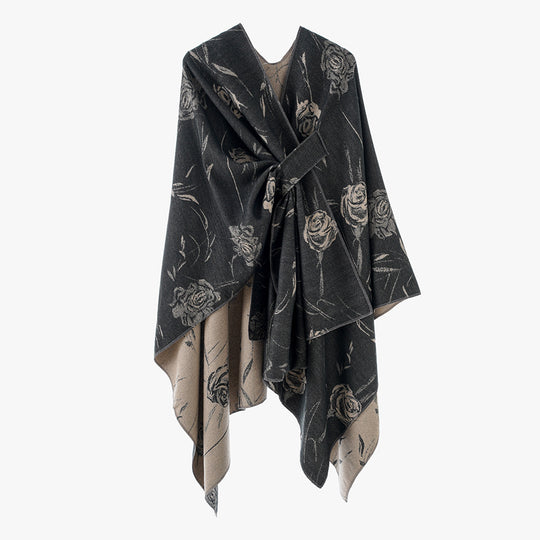 Damen Beidseitig tragbarer Jacquard-Überwurf mit Rosenmuster und Bindegürtel Shop Nory