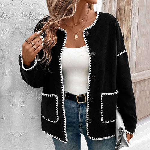 Damen Oversize-Strickjacke mit kontrastierenden Ziernähten, aufgesetzten Taschen und Knopfleiste Shop Nory
