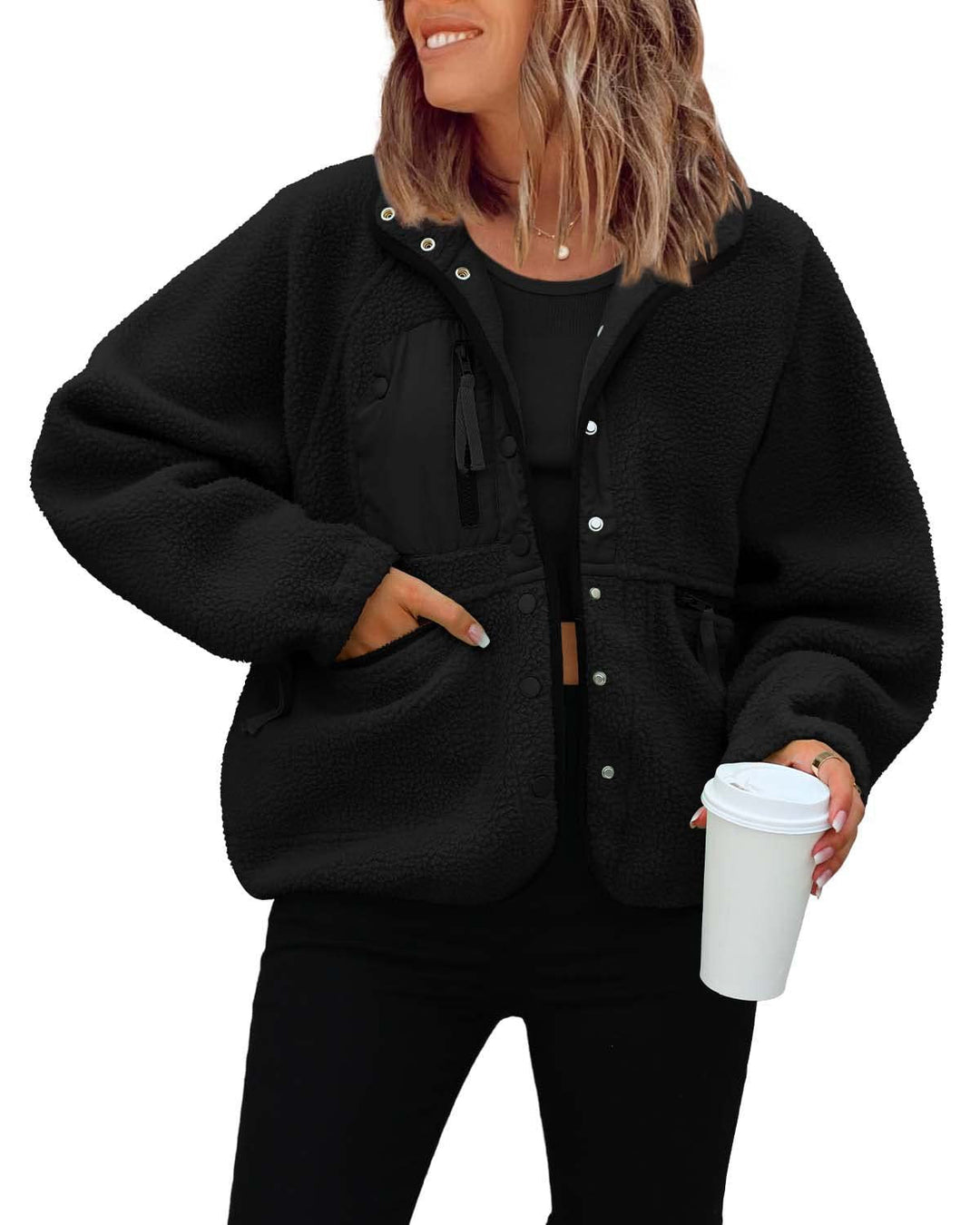 Damen kuschelige Fleecejacke mit praktischen Taschen