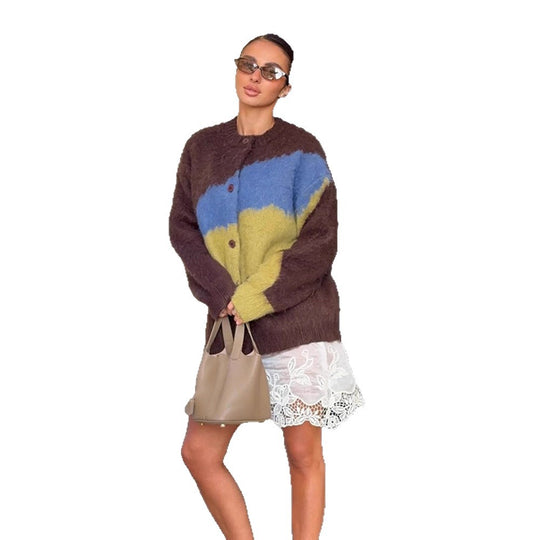 Damen Oversize Mohair-Blend Cardigan mit abstraktem Farbblock und Knopfleiste Shop Nory