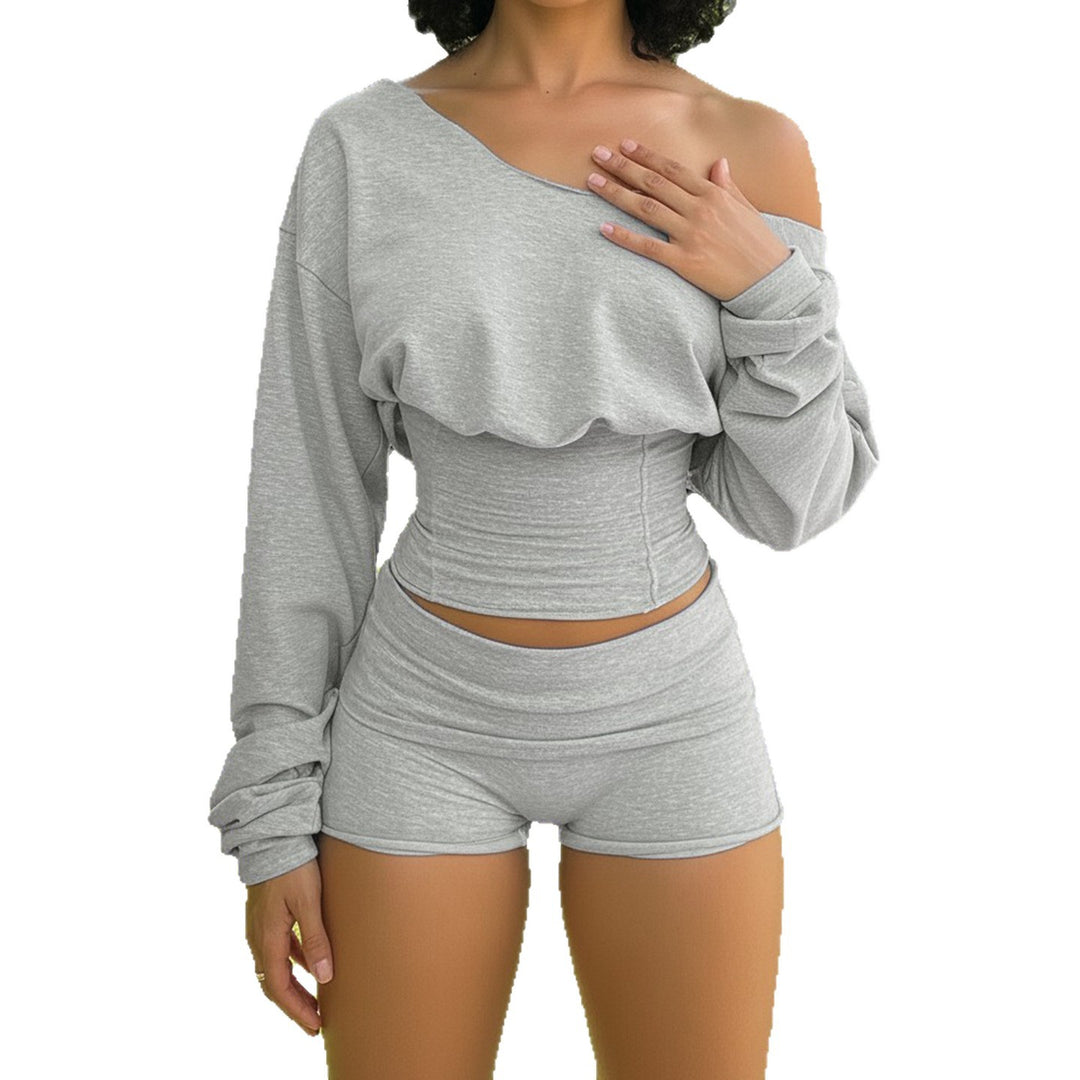 Damen nan asymmetrisches einschulteriges Lounge-Set mit tailliertem gerafftem Crop-Top und hochgeschnittenen Umschlag-Shorts Shop Nory