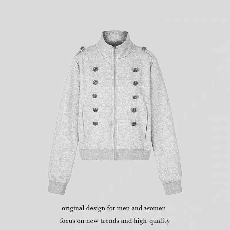 Damen kurze Sweatjacke mit Stehkragen, Doppelknopf-Detail und Reißverschluss Shop Nory
