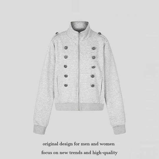 Damen kurze Sweatjacke mit Stehkragen, Doppelknopf-Detail und Reißverschluss Shop Nory