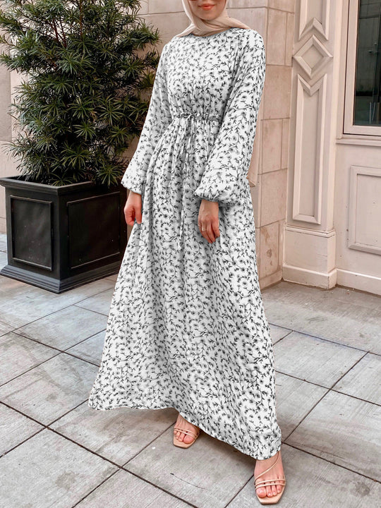Damen Geblümtes Maxikleid mit Kordel-Taille und Ballonärmeln Shop Nory
