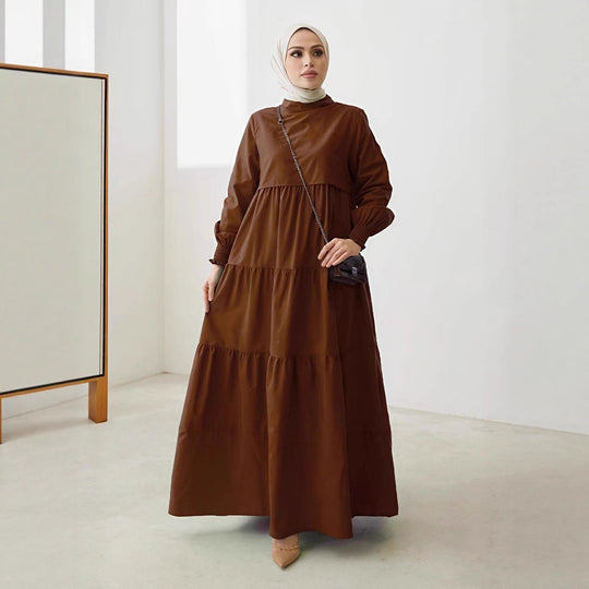 Damen Maxikleid mit Stufenrock, hohem Kragen und gerafften Ärmeln Shop Nory
