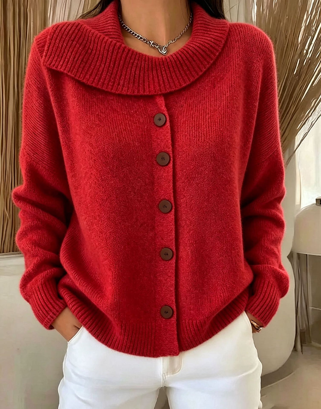 Damen Kuscheliger Knopf-Cardigan mit breitem Rollkragen und gerippten Bündchen Shop Nory