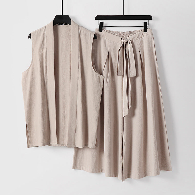 Damen Ärmellose Kimono-Weste und Hochtaillierte Culotte-Hose mit Bindegürtel Shop Nory
