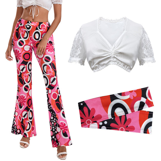 Damen nan Retro Schlaghose Set mit Spitzen-Cropped-Top und bedrucktem Stirnband Shop Nory