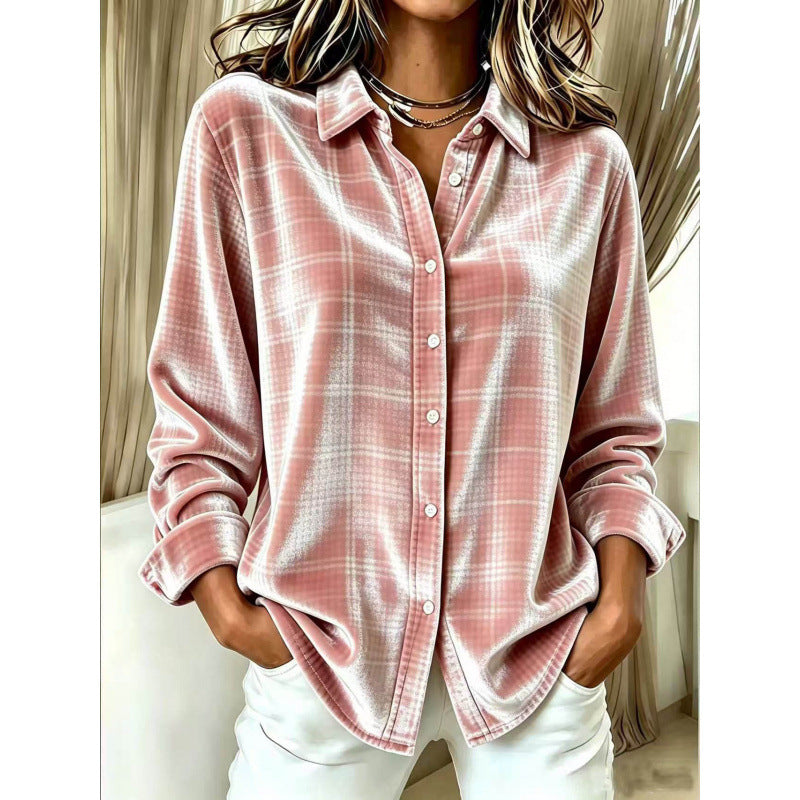 Damen Samt-Hemdbluse mit Karomuster und lockerem Oversize-Schnitt Shop Nory