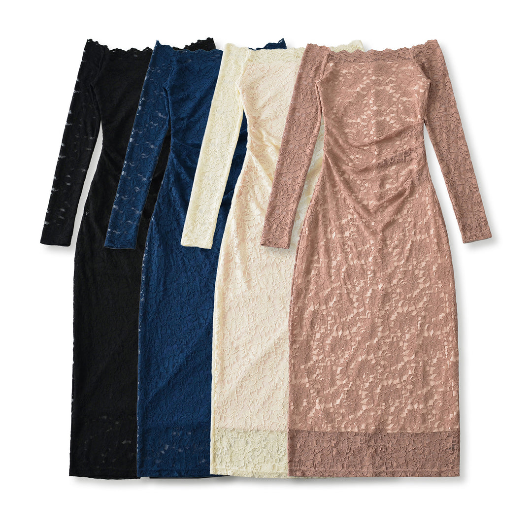 Damen Schulterfreies Spitzenkleid mit Taillenraffung und Langarm Shop Nory