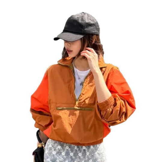 Damen Kurz geschnittene zweifarbige Halbzip-Utility-Jacke mit elastischem Saum und Reißverschlusstasche Shop Nory