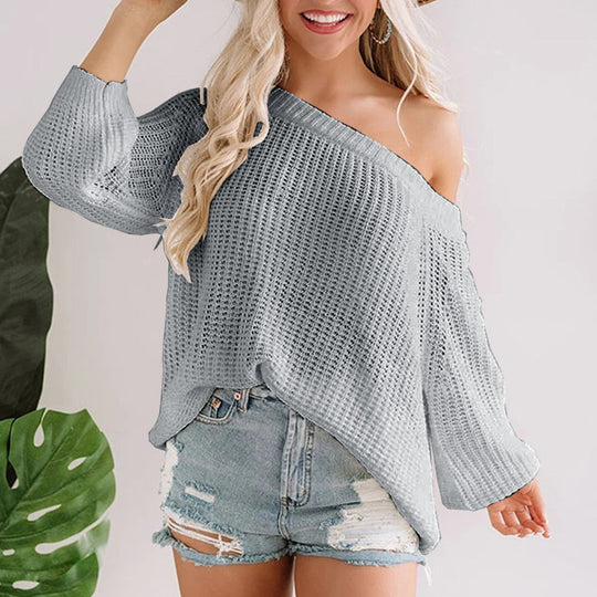 Damen Oversize Strickpullover mit Off-Shoulder Ajourmuster und weitem Saum Shop Nory