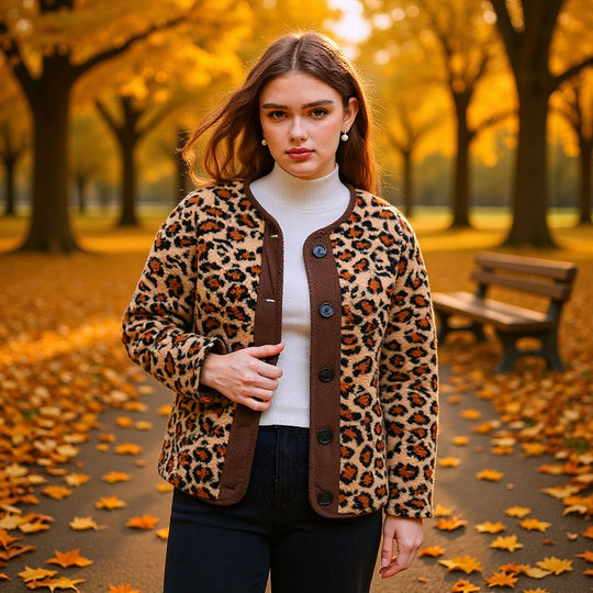 Damen Kurzjacke im Teddy‑Look mit Leopardenmuster und Knopfverschluss Shop Nory