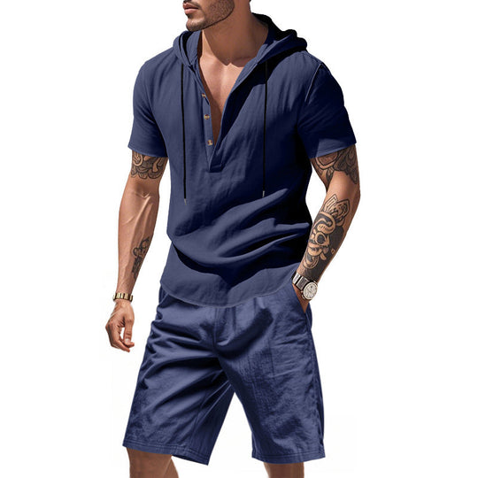 Herren lässiges Kurzarmhemd mit Kapuze und Shorts