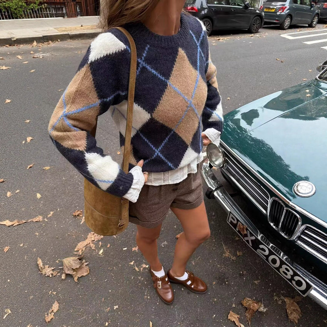 Damen Oversize‑Argyle‑Strickpullover mit Rundhals, überschnittenen Schultern und Rippbündchen Shop Nory