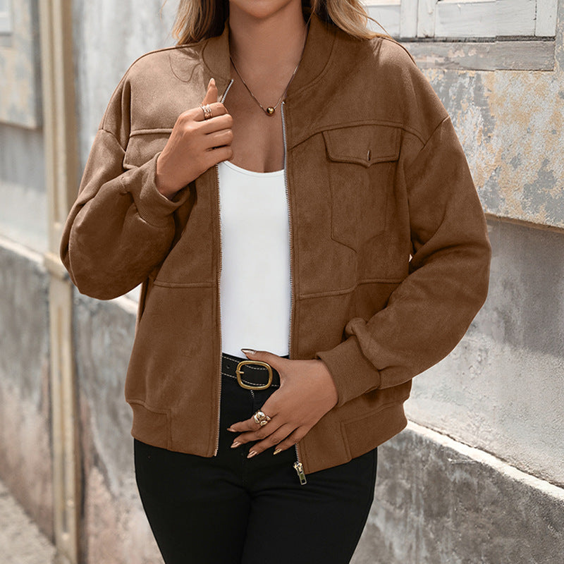 Damen Oversize Wildlederoptik-Bomberjacke mit Brustklappen und Reißverschluss Shop Nory