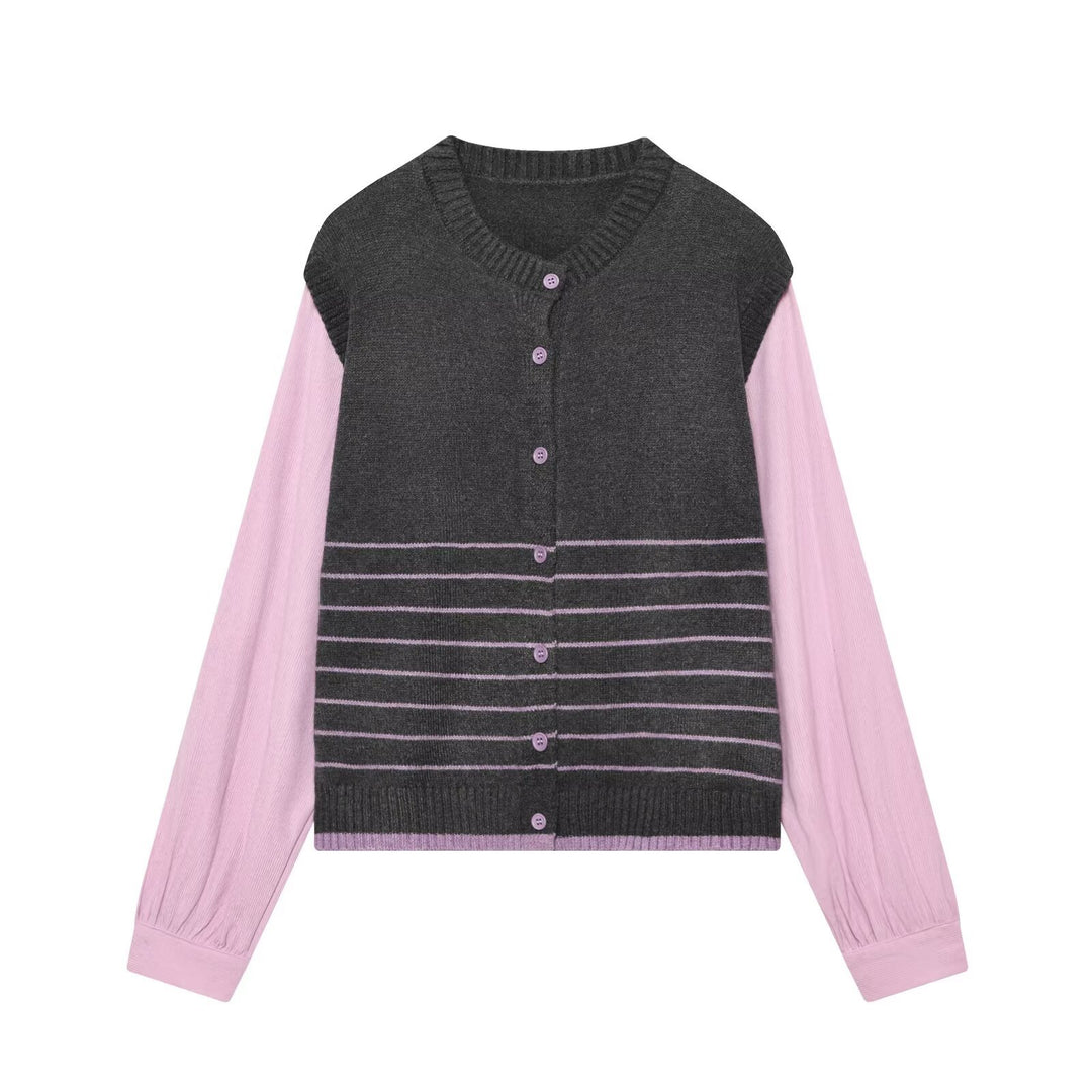 Damen Lagenlook-Strickcardigan mit gestreiftem Westeinsatz und Volumenärmeln Shop Nory