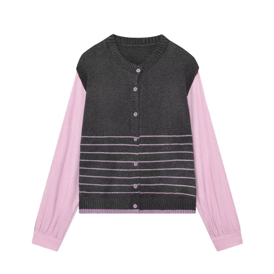 Damen Lagenlook-Strickcardigan mit gestreiftem Westeinsatz und Volumenärmeln Shop Nory