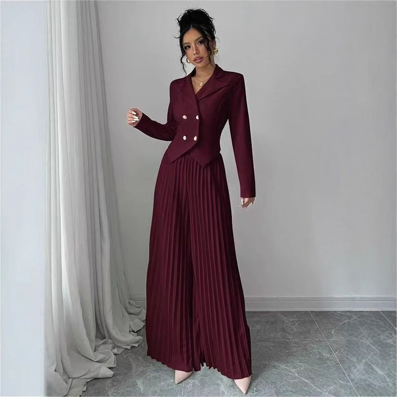 Damen Taillierter Doppelreihiger Blazer und plissierte Palazzo-Hose Shop Nory