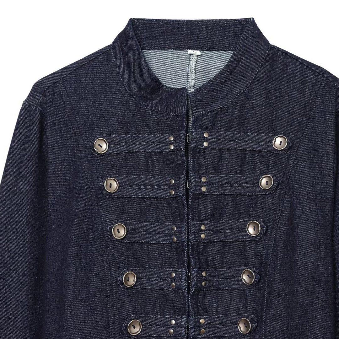 Damen Cropped Denim Militärjacke mit Stehkragen und dekorativer Zierknopfleiste Shop Nory