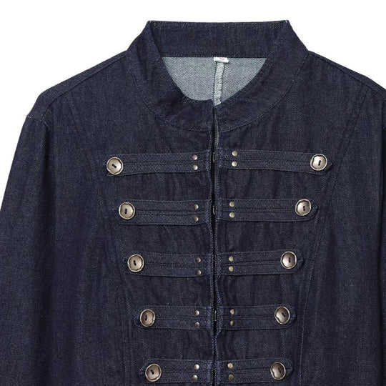 Damen Cropped Denim Militärjacke mit Stehkragen und dekorativer Zierknopfleiste Shop Nory
