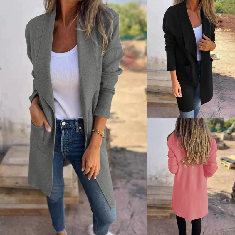 Damen Langer offener Cardigan mit Schalkragen, Eingrifftaschen und leichtem Fall Shop Nory