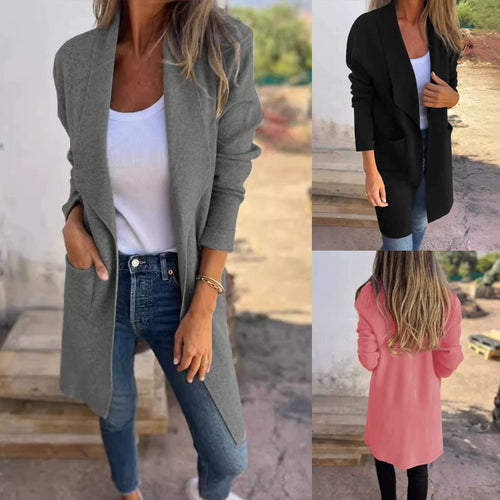 Damen Langer offener Cardigan mit Schalkragen, Eingrifftaschen und leichtem Fall Shop Nory