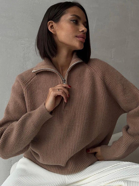 Damen Gerippter Wollmix-Pullover mit halbem Reißverschluss und weitem Stehkragen Shop Nory