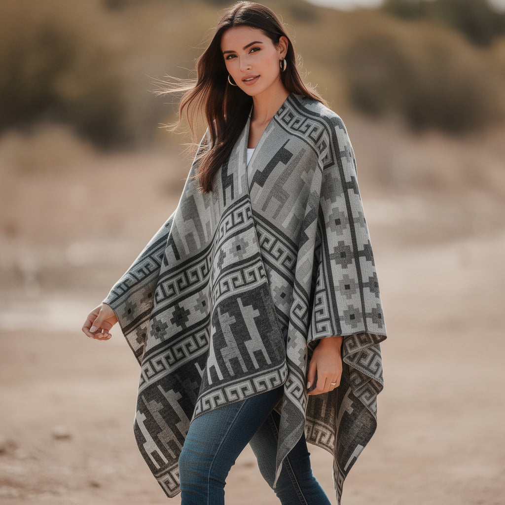 Damen Wolloptik-Poncho im Überwurfstil mit grafischem Reiter-Jacquard Shop Nory