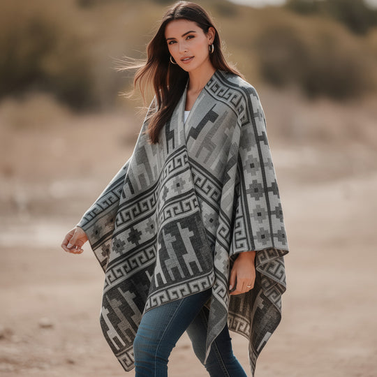 Damen Wolloptik-Poncho im Überwurfstil mit grafischem Reiter-Jacquard Shop Nory
