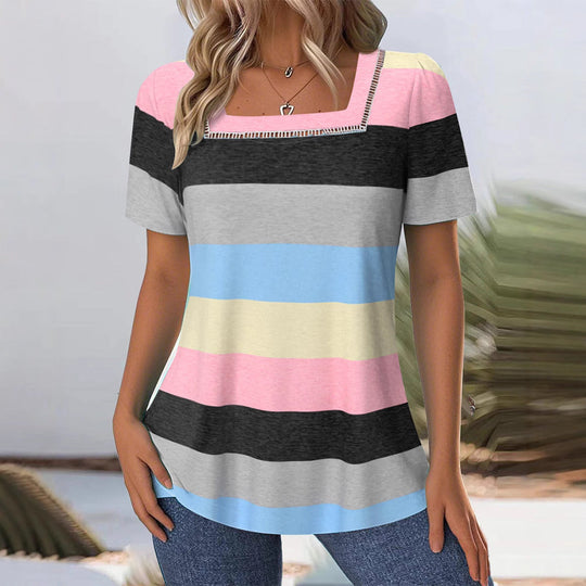 Damen T-Shirt mit modernem Streifenmuster und dekorativem Rundhalsausschnitt
