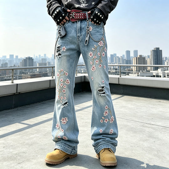 Damen Modische Flared Jeans mit Blumenstickerei Shop Nory