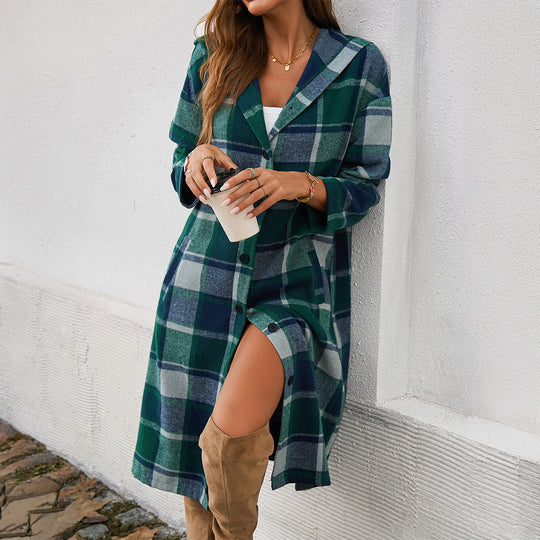 Damen nan lockeres Kapuzen-Hemdkleid mit karierter Flanelloptik, durchgehender Knopfleiste und hohem Beinschlitz Shop Nory