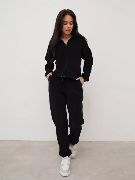 Damen weiches Lounge-Set mit halbem Reißverschluss, Kordelzughose und elastischen Bündchen Shop Nory
