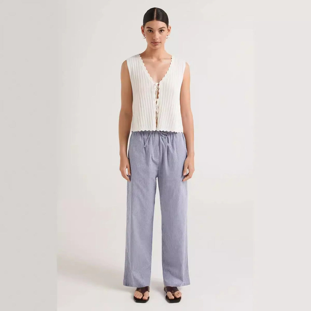 Damen lässige bequeme Schlafhose aus leichtem Baumwollstoff mit eleganten Streifen