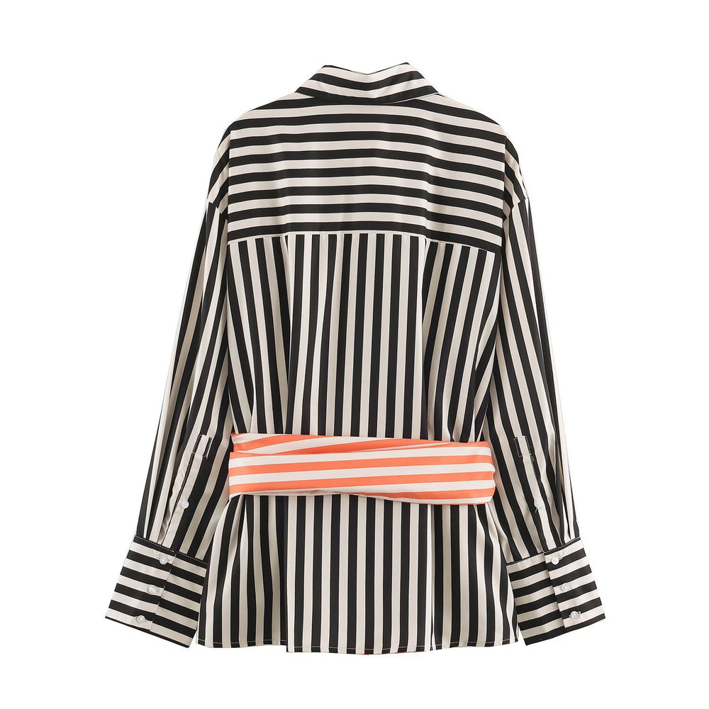 Damen Langärmlige Hemdbluse mit kontrastfarbenem Taillenschal und breiten Manschetten Shop Nory