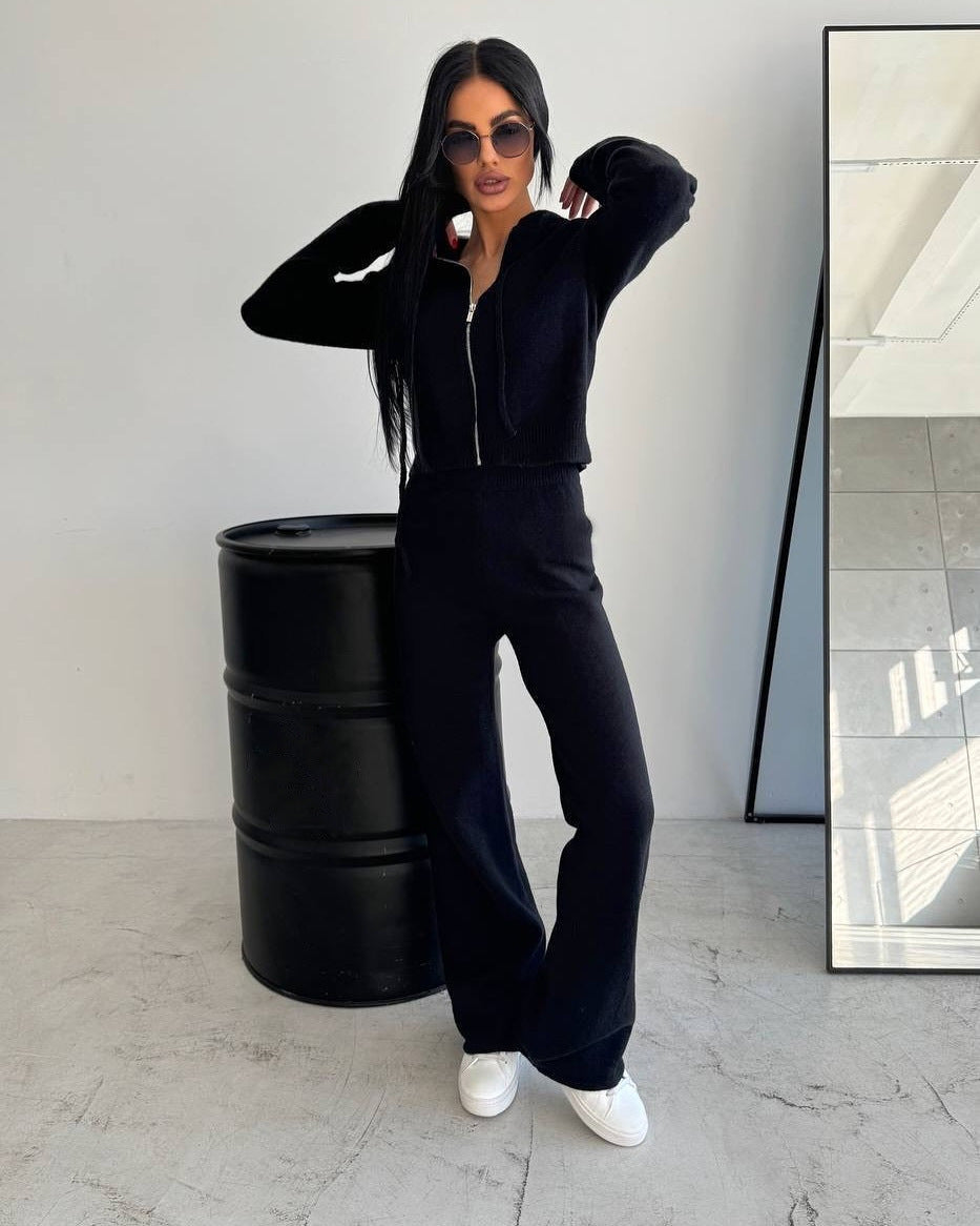 Damen Feinstrick-Loungewear-Set mit taillierter Kapuzenzipjacke und weiter Palazzo-Hose Shop Nory