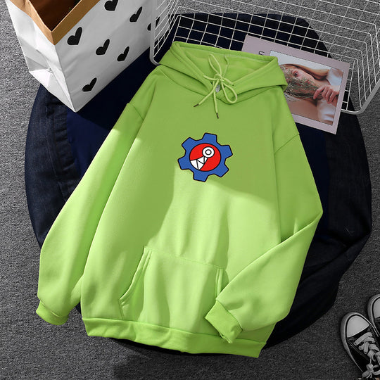 Damen nan oversized Fleece-Kapuzenpullover mit weicher Innenseite, Kängurutasche und appliziertem Zahnrad-Comic-Motiv Shop Nory