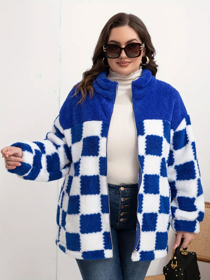Damen Kariert‑Design Teddy‑Fleecejacke mit Stehkragen, Reißverschluss und Oversize‑Schnitt Shop Nory