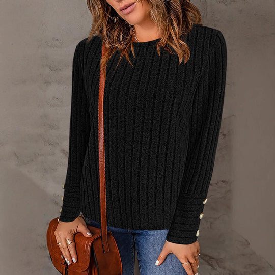 Damen Gerippter Feinstrickpullover mit Rundhalsausschnitt und Zierknopf‑Manschetten Shop Nory