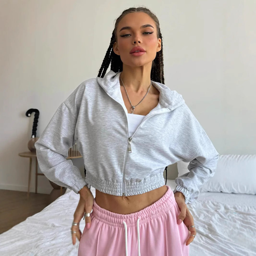 Damen Kurzgeschnittene Kapuzenjacke mit Reißverschluss, elastischem Bund und legerer Passform Shop Nory