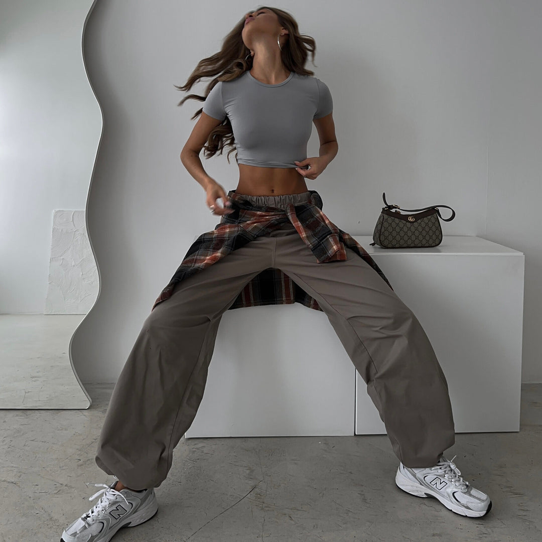 Damen weite hochgeschnittene Freizeithose mit elastischem Bund und tiefem Schritt Shop Nory