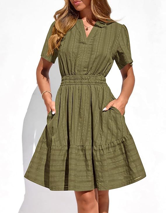 Damen Tailliertes Stufen-Midikleid mit Smokbund, V‑Ausschnitt und Eingrifftaschen Shop Nory