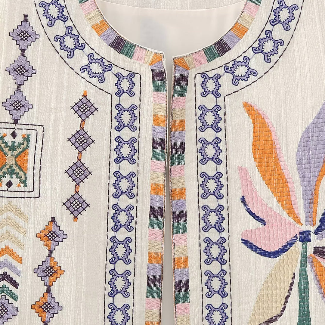 Damen bestickte ärmellose Boho‑Weste mit folkloristischen Motiven und offener Front Shop Nory
