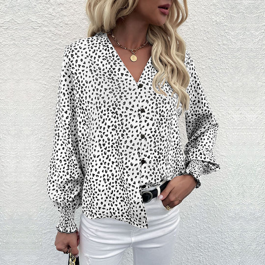 Damen Leichtfall-Bluse mit V-Ausschnitt, durchgehender Knopfleiste und gerüschten Manschetten Shop Nory