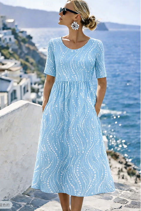 Damen Leichtes Midikleid mit Empire-Taille, halblangen Ärmeln und Eingrifftaschen Shop Nory