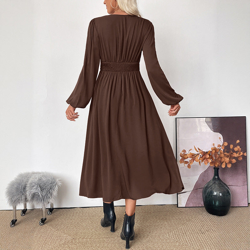 Damen Maxikleid Wickeloptik mit V-Ausschnitt, Empire-Taille und langen Ballonärmeln Shop Nory